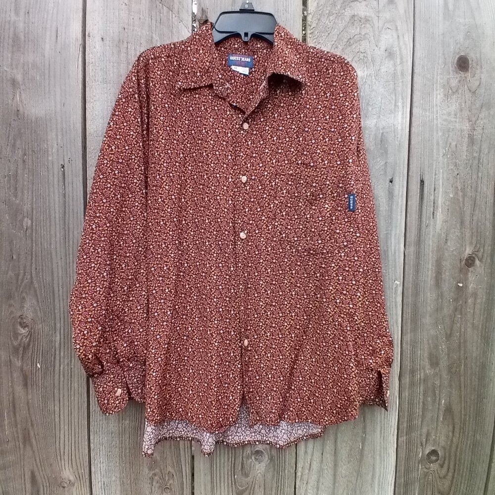 90s Vintage Guess Jeans Long Sleeves Shirt M Button Floral Pattern Point Collar